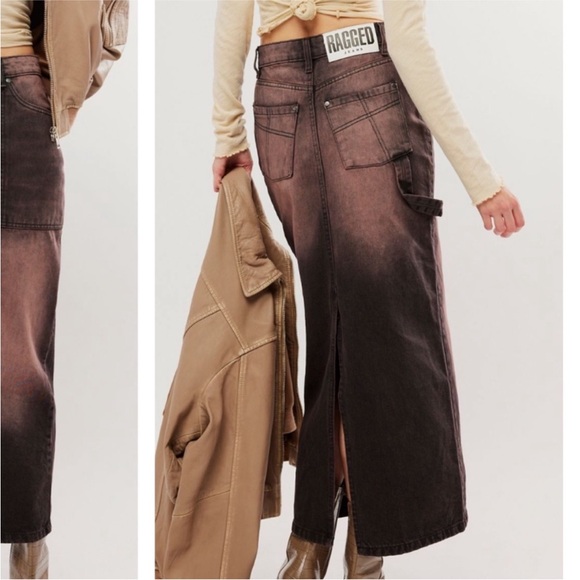 FREE PEOPLE THE RAGGED PRIEST COCOA BROWN MAXI DENIM SKIRT OVERSIZED 4 - Picture 3 of 11